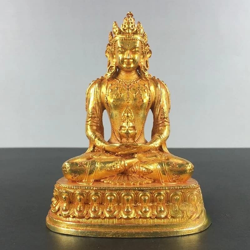 Vintage Gilded Amitayus Buddha Statue Tibetan Longevity Buddha Sculpture Home Worship Decor Collectible Ornament