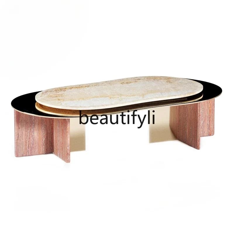 LJYItalian light luxury combination coffee table oval stainless steel marble coffee table side combination
