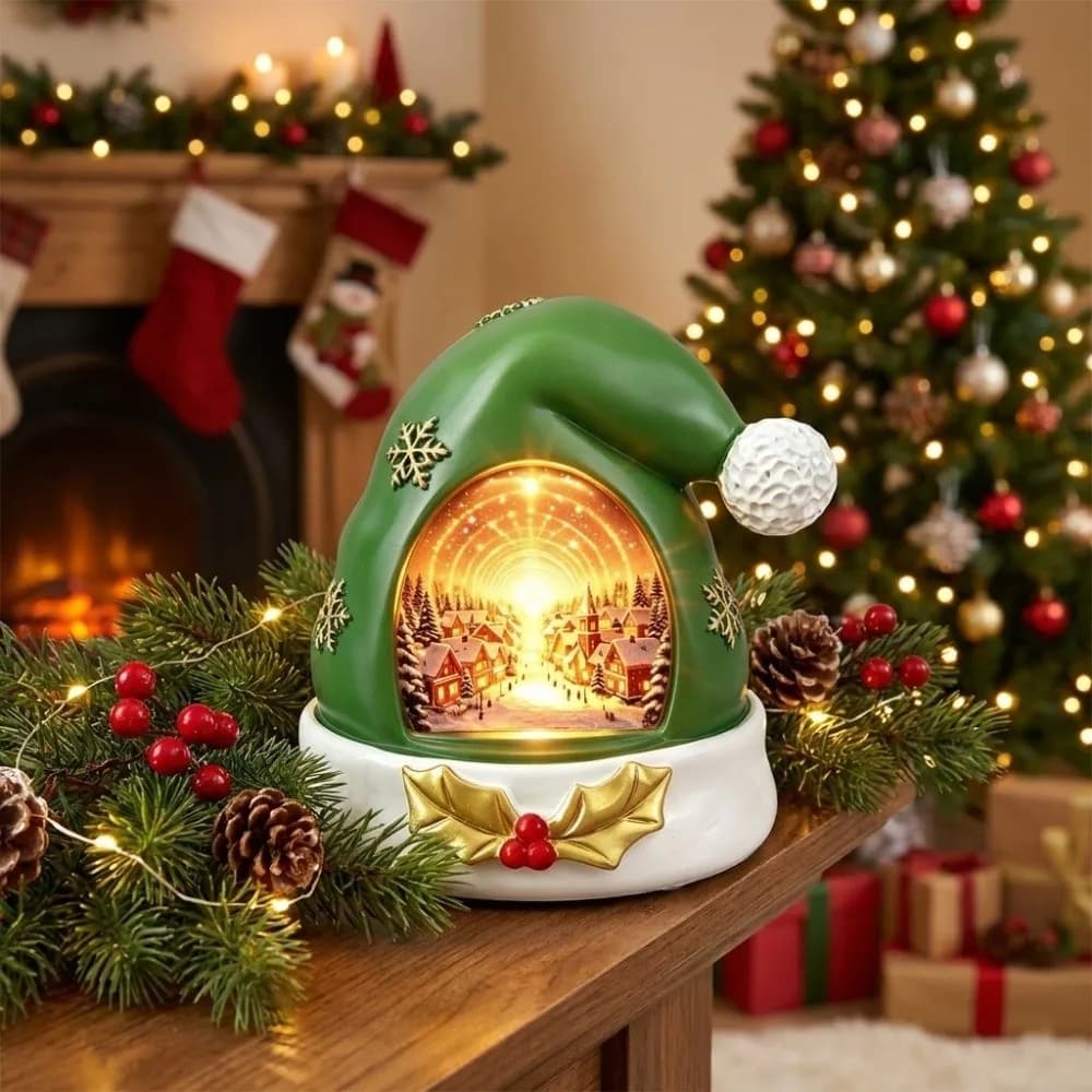 Resin Christmas Elf Hat Ornament Light-up Cute Christmas Figurine Warm Glow Decorative XmasHat Statue Light Home Decoration