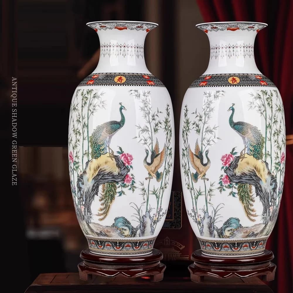 34.5cm/Jingdezhen Ceramic Vase Chinese High End Porcelain Living Room Decoration Ornament Peacock Figure Vase