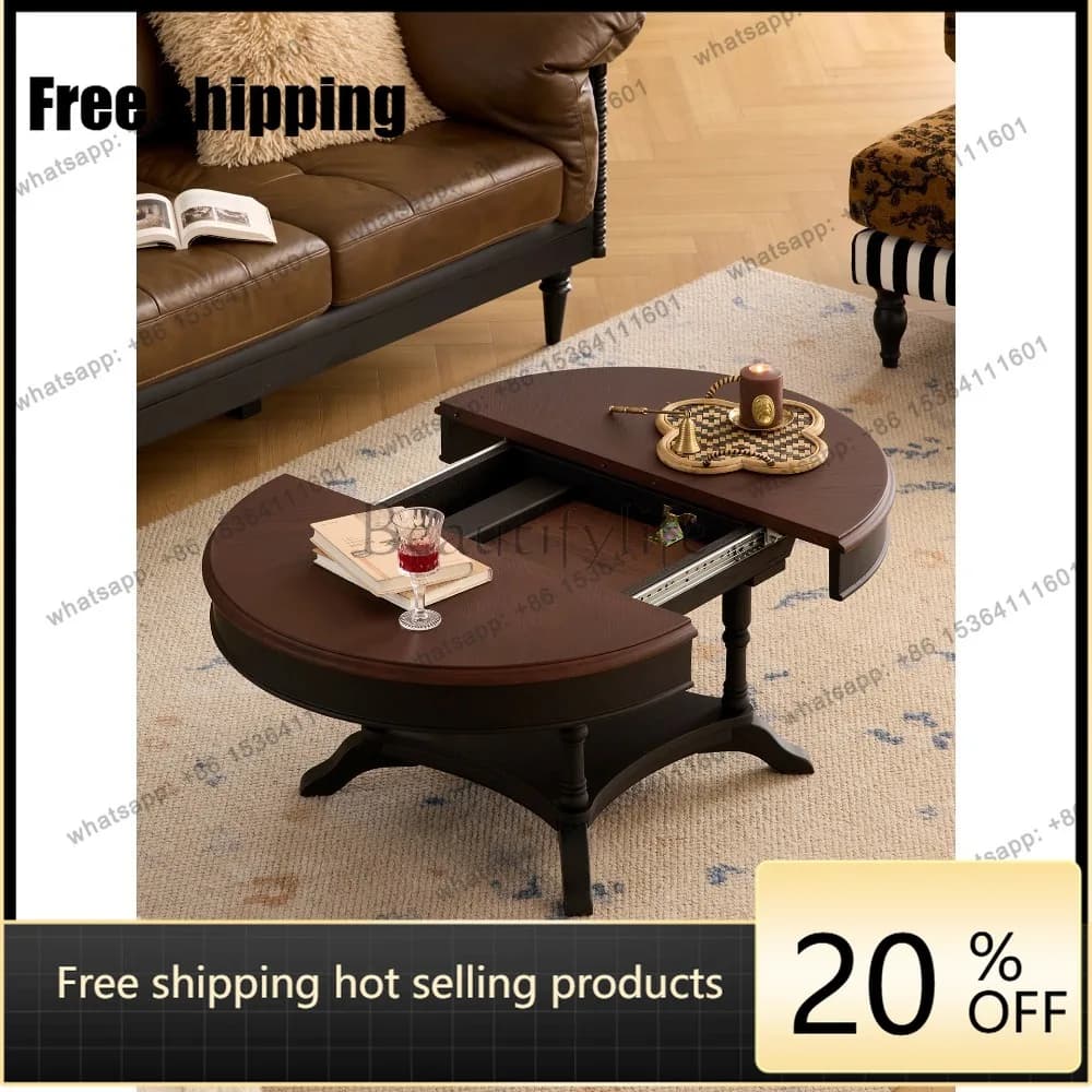 LD French retro solid wood retractable coffee table living room round two-color tea table