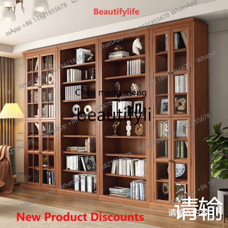 2003 Solid Wood American Style Bookcase with Glass Door Integrated Bookshelf Living Room Storage Rack Storage Cabinet