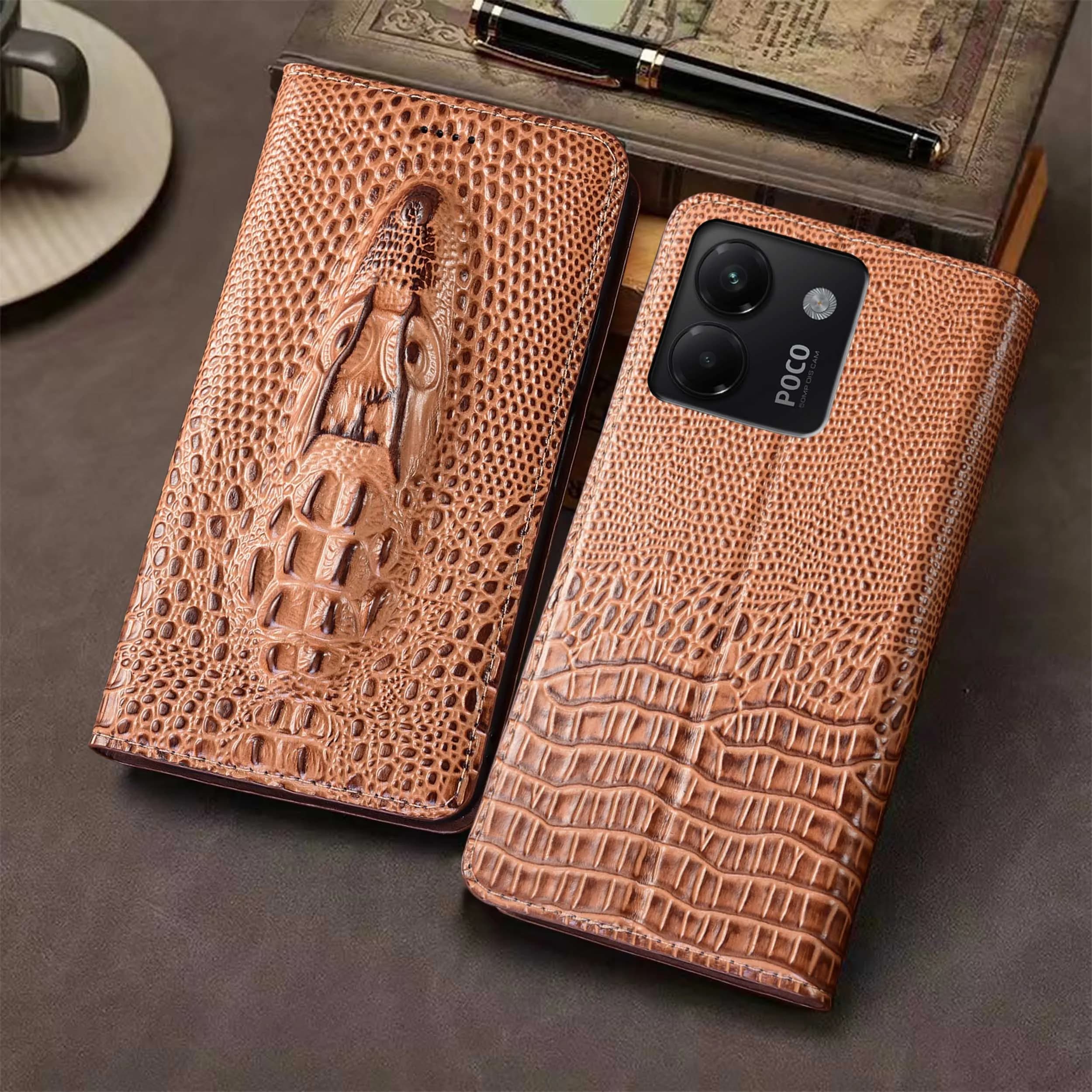 For Xiaomi Poco M2 M3 M4 M5 M5S M6 M7 M8 M8s Pro Plus Power 4G 5G Crocodile Head Pattern Genuine Leather Flip Phone Cover Case
