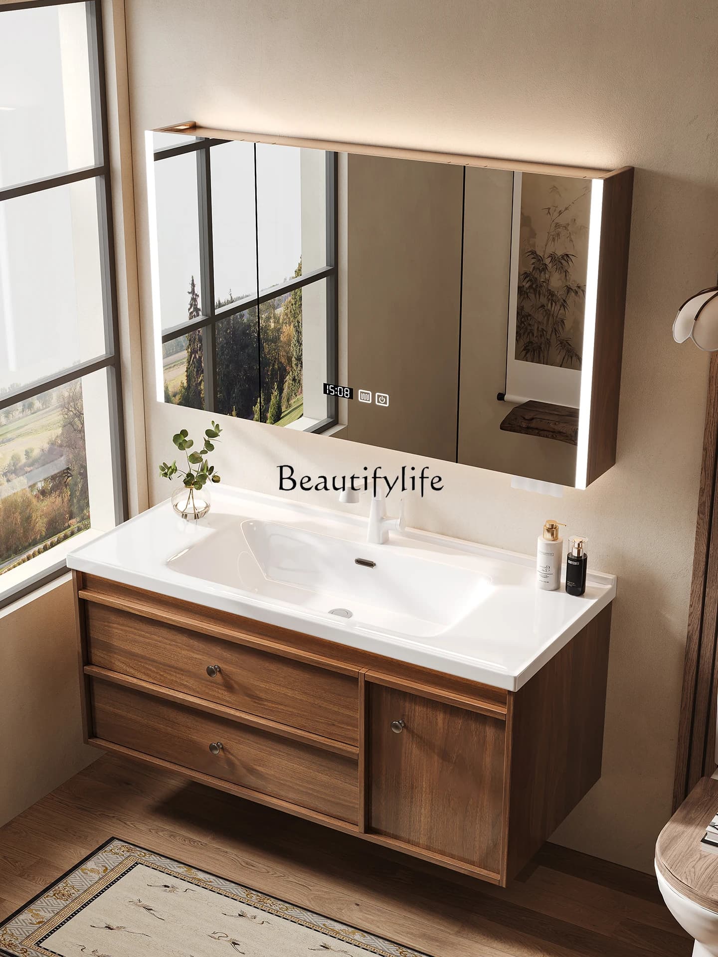 French medieval walnut color new ceramic integrated basin bathroom cabinet combination bathroom washstand