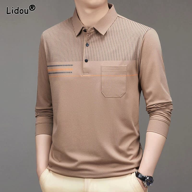 2023 Autumn and Winter Men's Square Collar New Patchwork Button Pockets Fashion Solid Color Loose Commuting Long Sleeved Tops