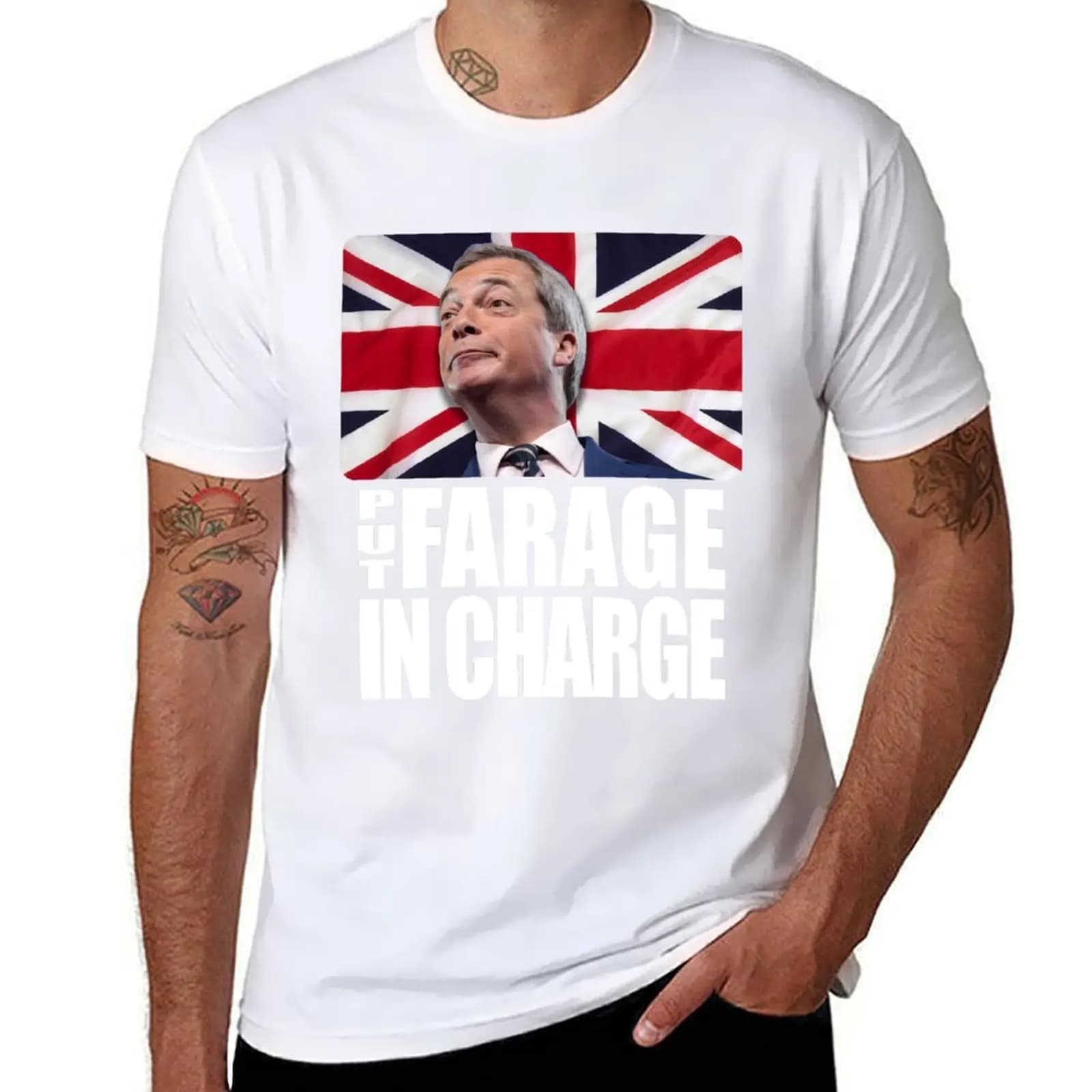 PUT FARAGE IN CHARGE Nigel Farage Brexit TShirt T-Shirt t shirt man cotton mens graphic t shirts T-Shirt