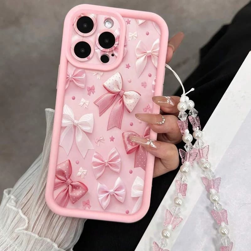 Pink Bow Pattern Butterfly Charm Phone Case For iPhone 17 16 15 14 13 12 11 Pro Max 17 Air 16E X XS XR 7 8 Plus Soft Cover