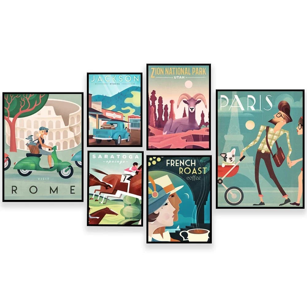 Wyoming, Zion, Badlands National Park bison, Paris, Rhode Island, Saratoga, France, Rome, camping, coffee, vintage travel poster
