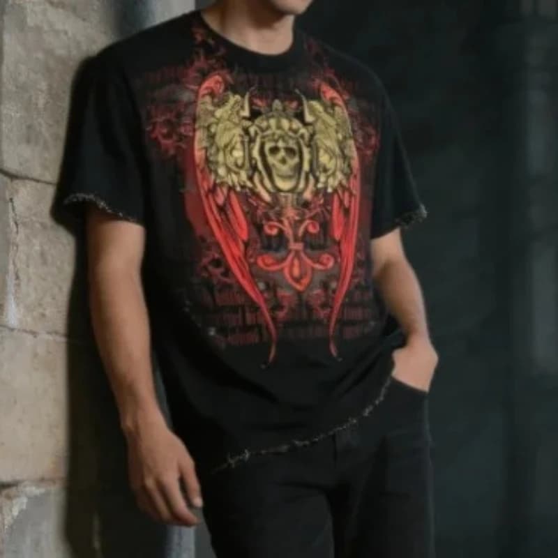 Gothic Baroque Graphic Short Sleeve American Grunge Unisex Streetwear Skull Wing Print Loose Tshirt Men Y2K HipHop Darkwear Tees