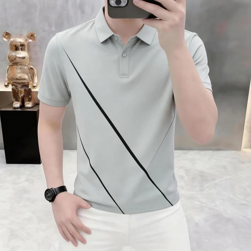 2026 Summer New Style Collarless Polo Shirt Short Sleeve Men's Stretch Loose American Style Youth Summer New T-Shirt Men