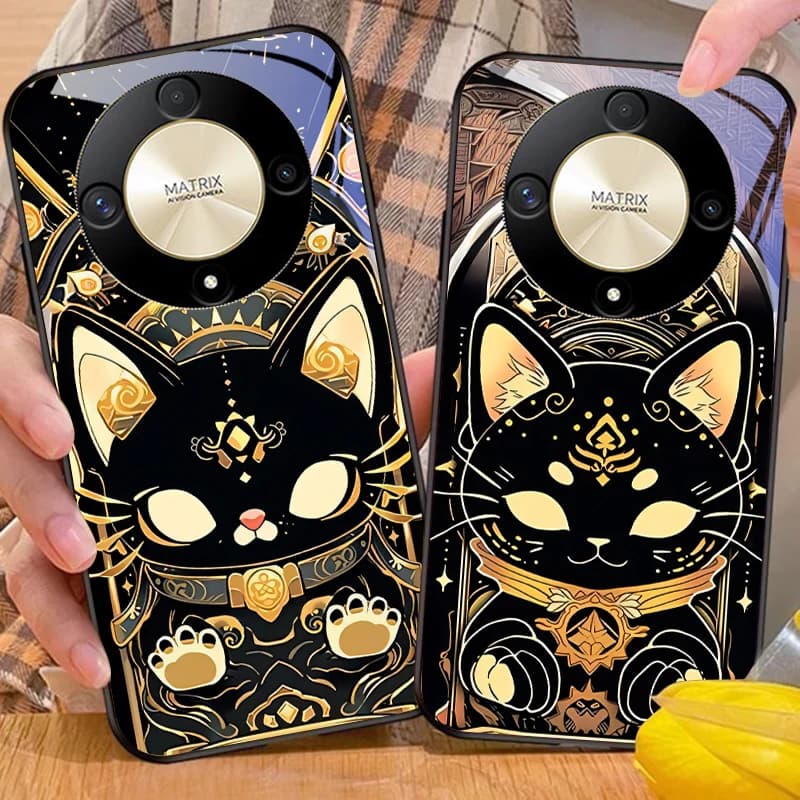 Black Gold Cat For Honor Magic 6 50 70 90 Lite X7b 200 Pro Nova 10 Nova 5T X6 P30 Pura 70 Ultra Tempered Glass Phone Case