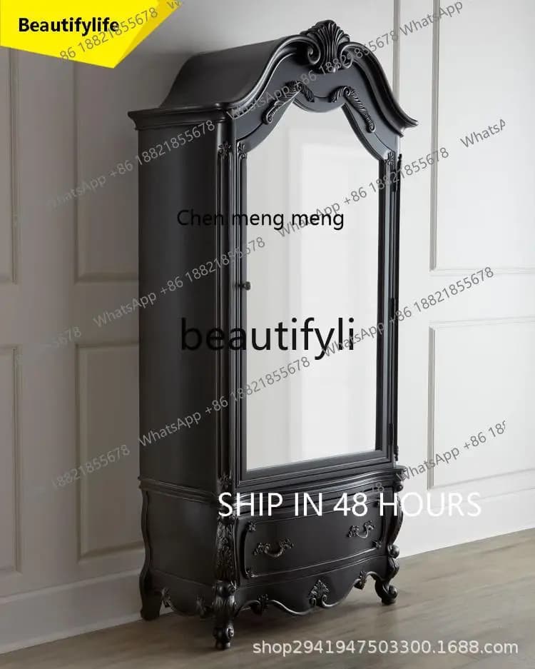 A32 European solid wood oak carved wardrobe retro decorative cabinet mirror single door wardrobe