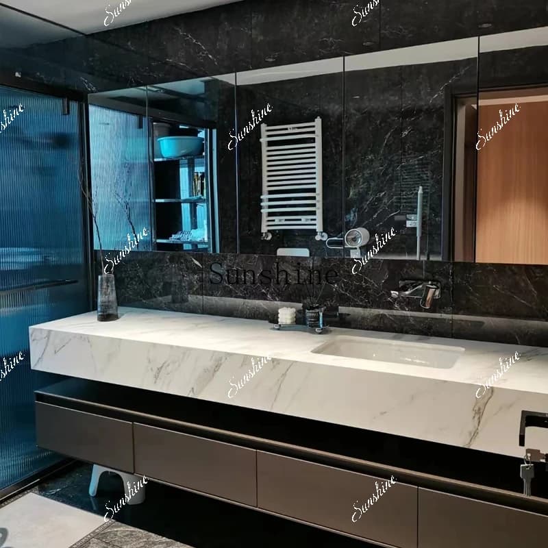 Customized solid wood bathroom cabinet combination large size rock slab hotel wind bathroom washstand  FT