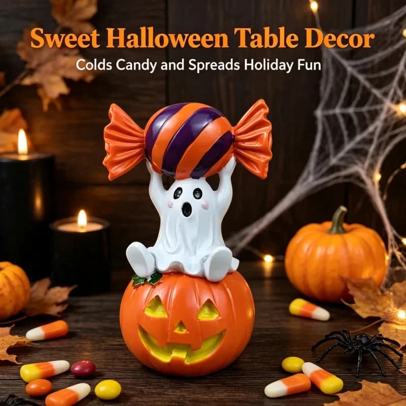 Cute Spooky Ghost Holding Candy Pumpkin Halloween Resin Ornament for Indoor Home Haunted House Party Gift