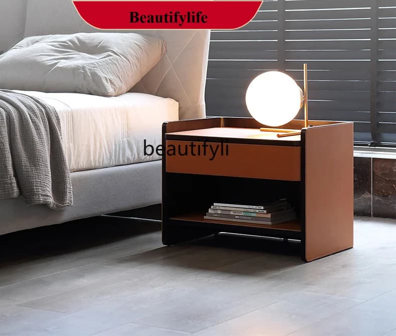 D178 Italian Minimalist Bedside Table Light Luxury Saddle Leather Bedroom Storage Cabinet Smoked Wood High-end Drawer Cabinet