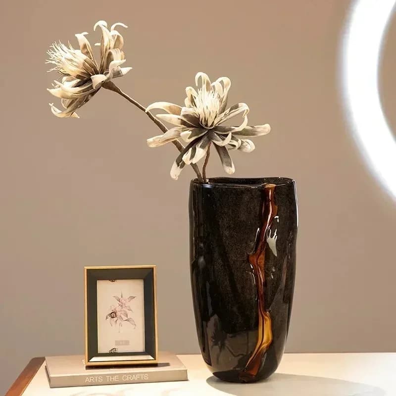 D19 Black Glass Vase Crack Water Ripple Flower Pot Floral Arrangement Accessories Flowerpot Terrarium Room Decoration Accesso