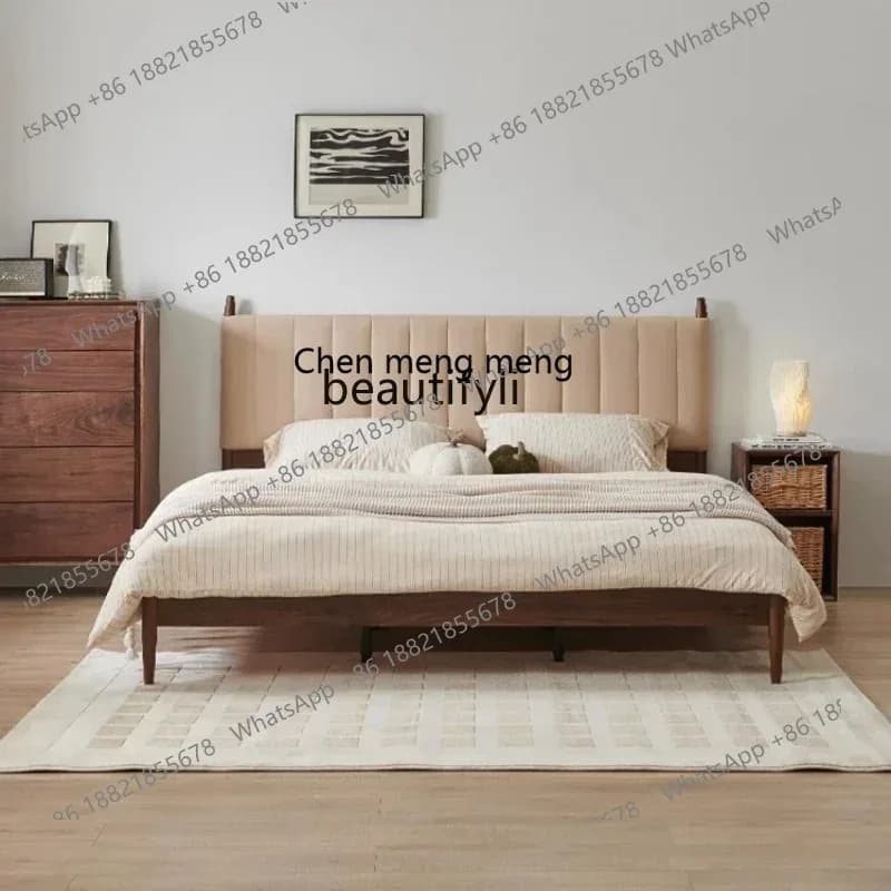 ss8350 Solid wood bed black walnut Nordic Japanese style furniture log 1.8 double bed