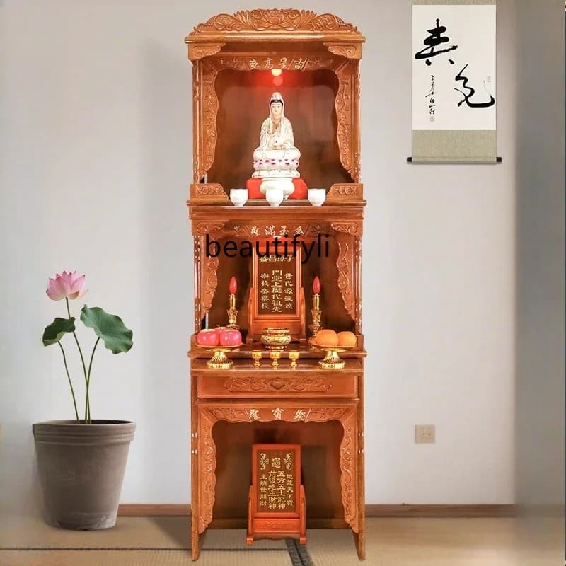 Three-layer Buddhist shrine household Buddhist cabinet New Chinese-style shrine Solid wood Buddhist cabinet with door