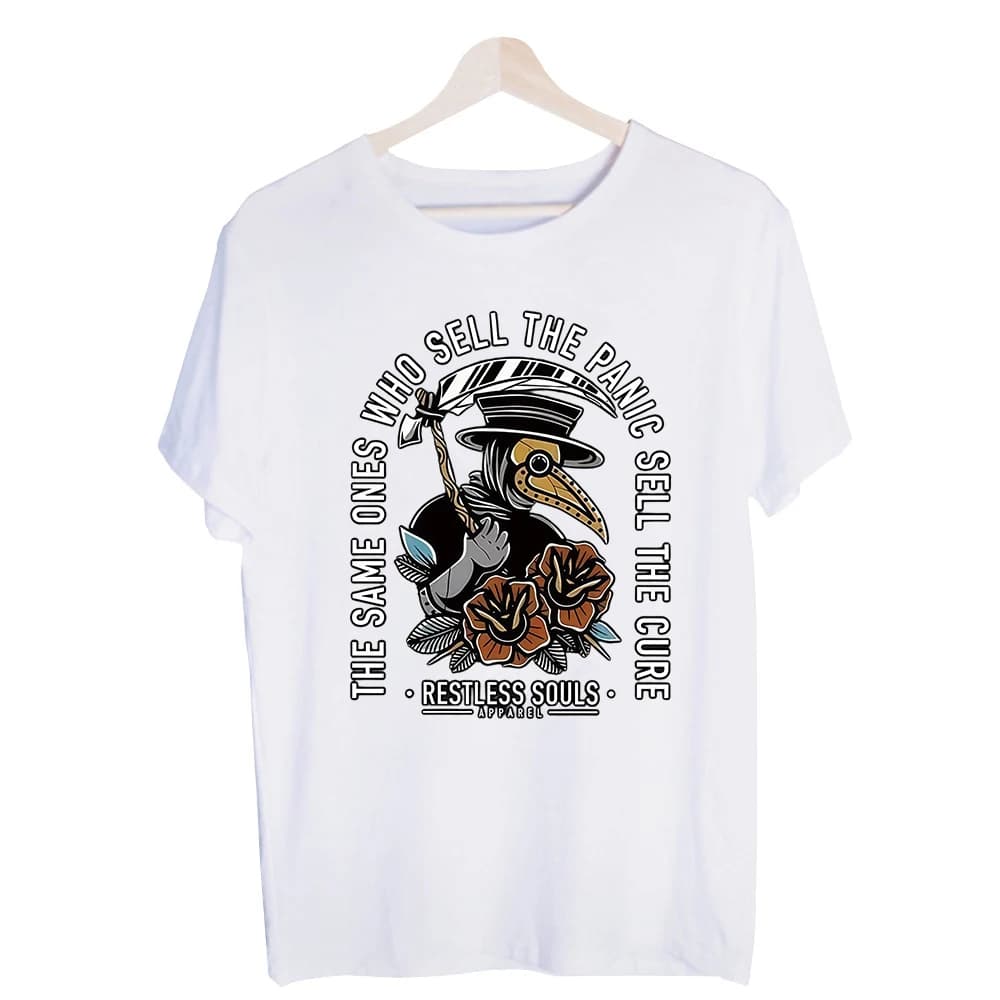 Men's Plague Doctor Graphic Tee, Short Sleeve Crew Neck T-Shirt with Slogan Print for Casual Streetwear and Daily Wear