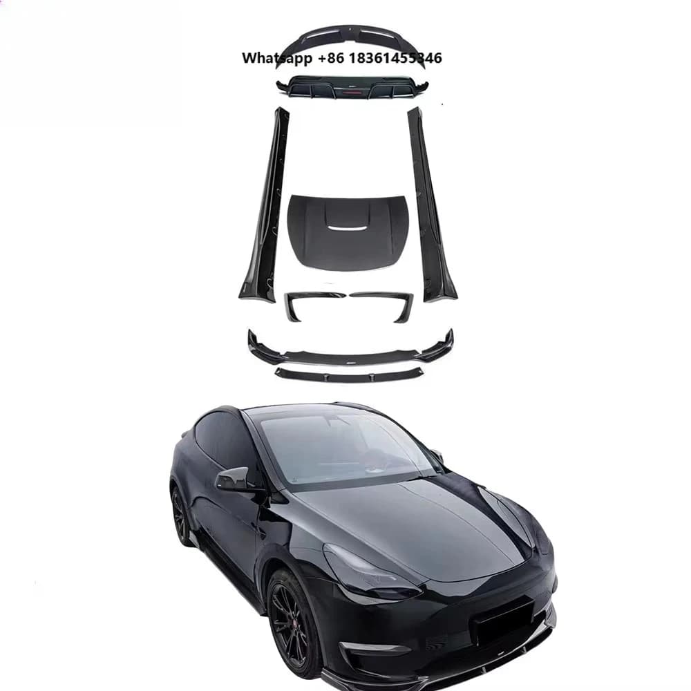 For   Model Y 2021-2024 with Front Lip Side Skirts Rear Diffuser Spoiler Bonnet Hood New C3 Style Carbon Bumper Kit