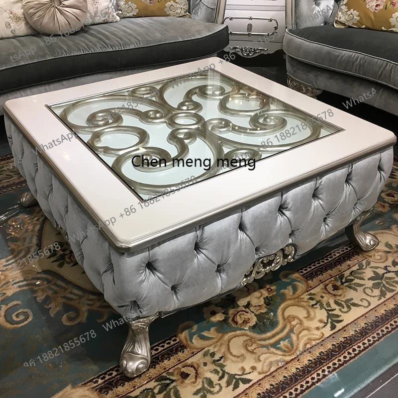 French solid wood large coffee table, European luxury square large tea table living room neoclassical tempered glass