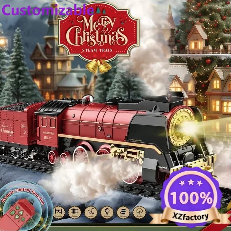Customizable retro steam train toy electric rail car remote control model light plus water smoke Christmas series