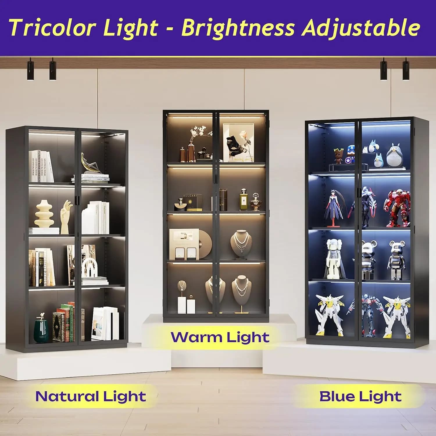 Display Cabinet with Glass Doors,4-Tier Curio Cabinet with Lights
