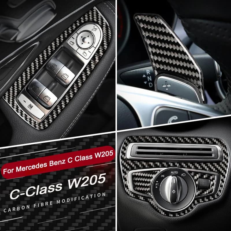 Real Carbon Fiber Sticker For Mercedes Benz C Class W205 Air Outlet Frame Speaker Horn Cover Steering Wheel Modification Parts