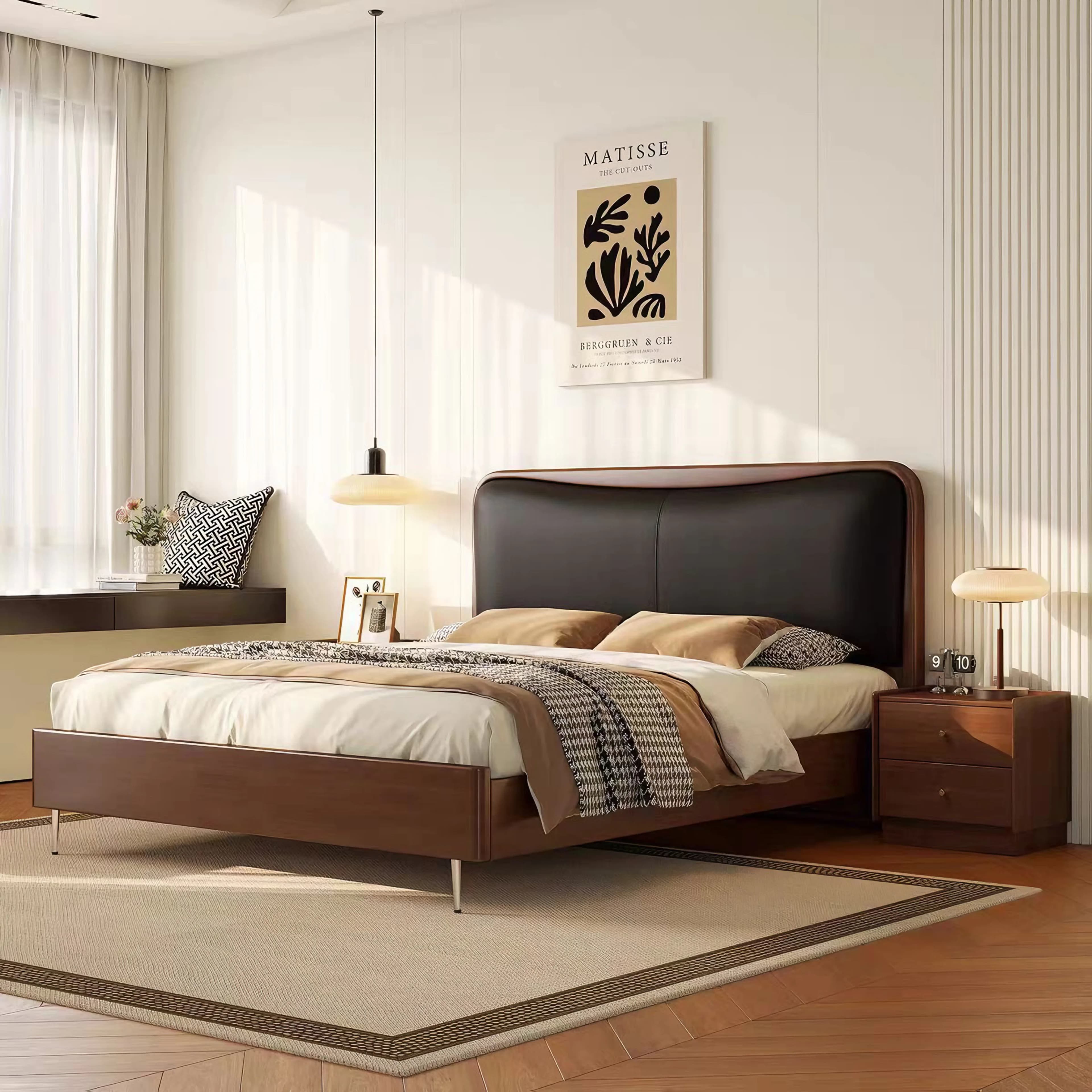 #French Modern Genuine Leather Upholstered Solid Wood Double Bed Adjustable Height High Storage Box Function for