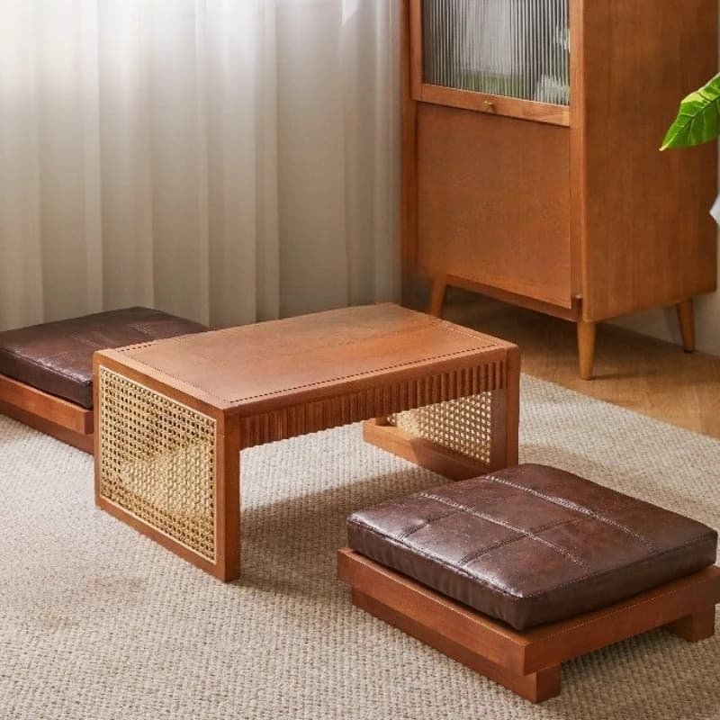 Solid wood rattan coffee table bay window table balcony learning small tea table