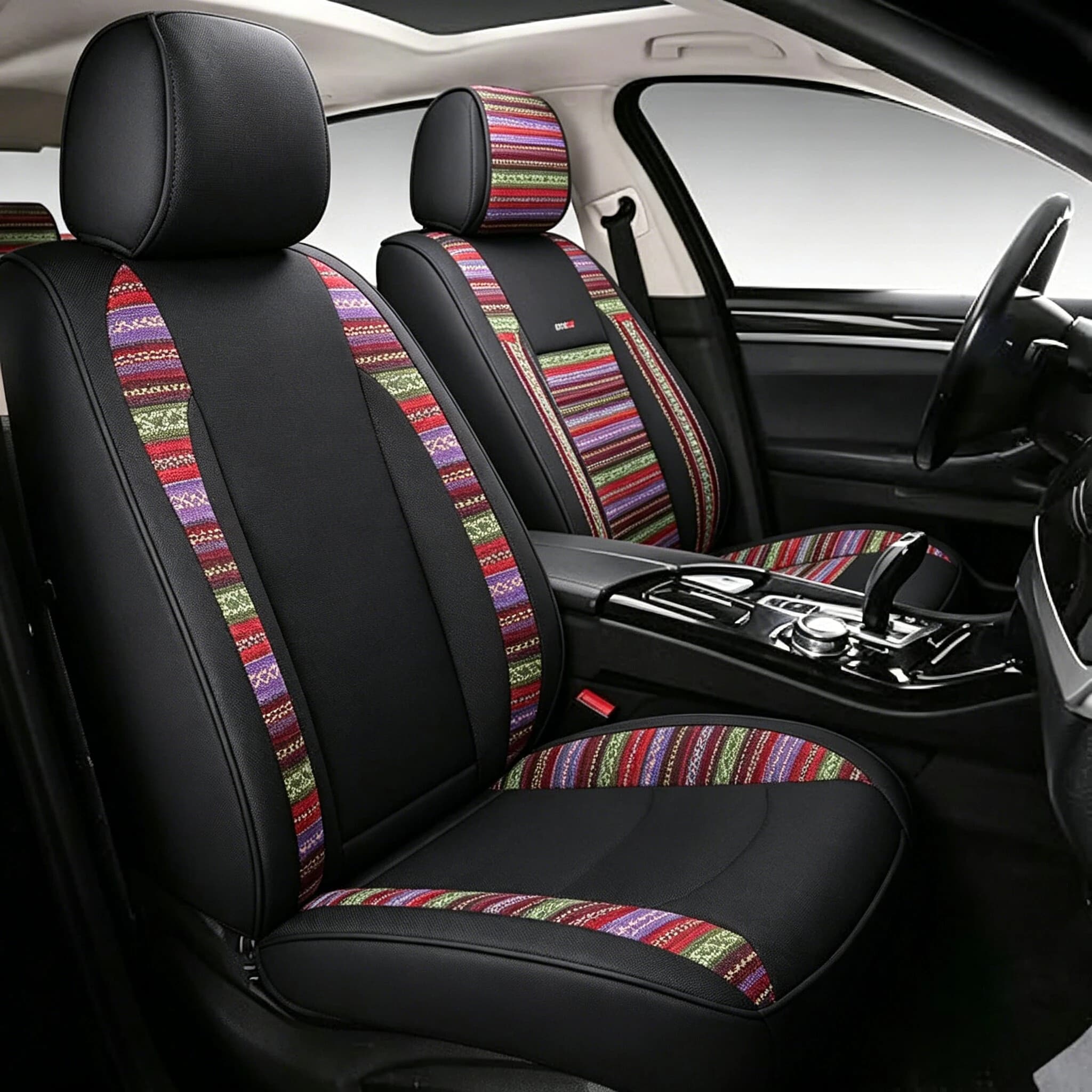 AUTOKING Universal Breathable Mesh Polyester Car Seat Covers Set with Colorful Linen Stitch