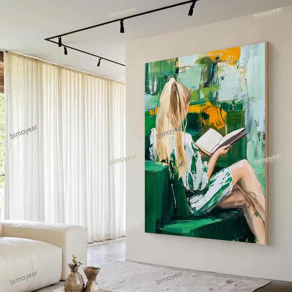 100% Handmade Abstract Oil Painting On Canvas The Girl Reading In The Library Wall Art Picture For Home Living Room Decor Image