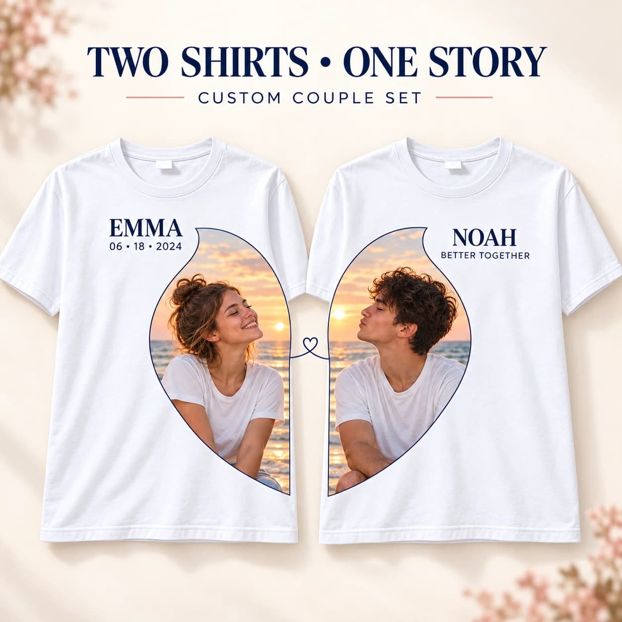 2PCS Custom Couple Shirts Personalized Photo Logo Text Short Sleeve Crew Neck Matching T Shirt Set for Holiday Birthday Gift