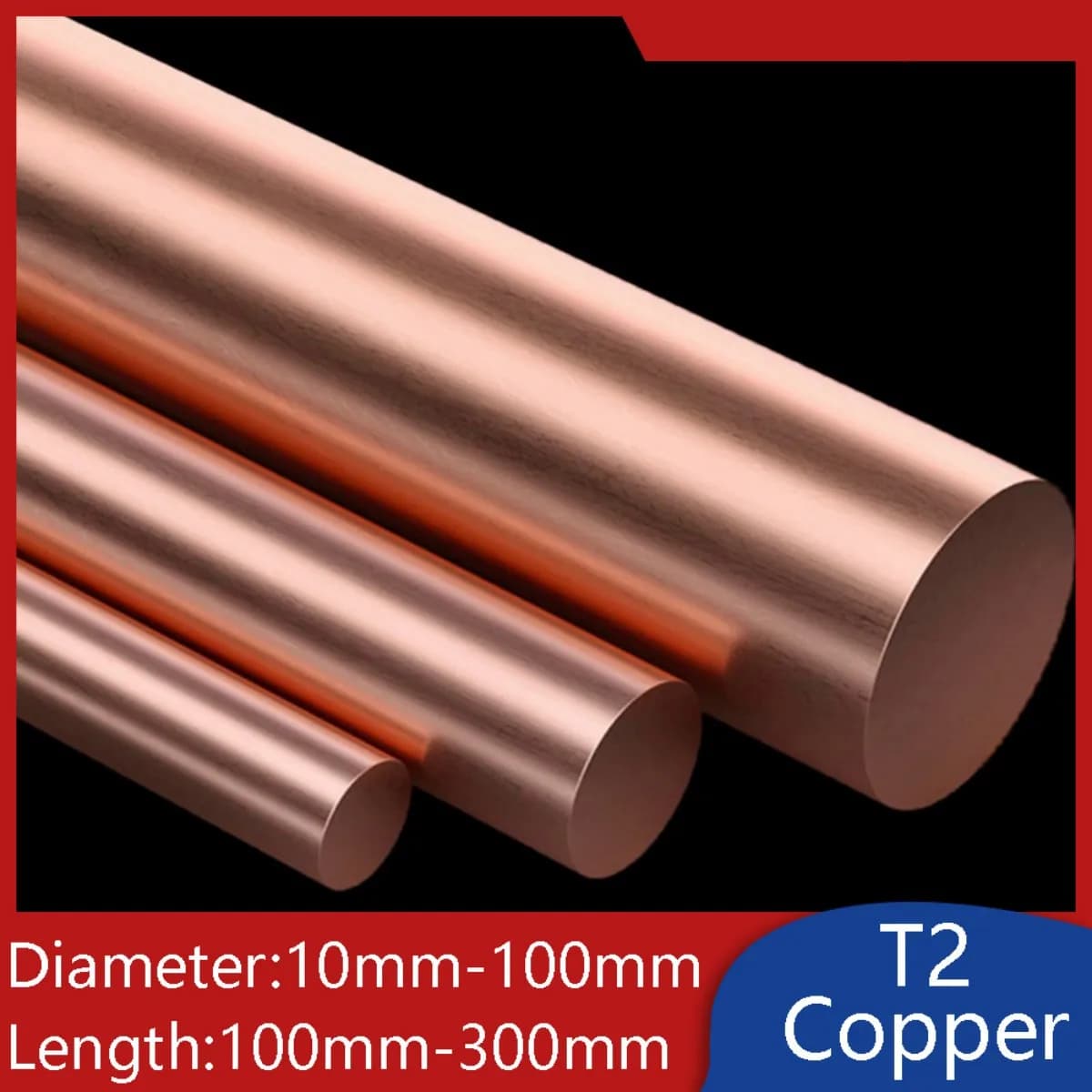 High Purity Copper Rod Conductive T2 Metal Round Bar Heat-conducting 100mm-300mm Solid Long Rods 10mm-100mm Diameter