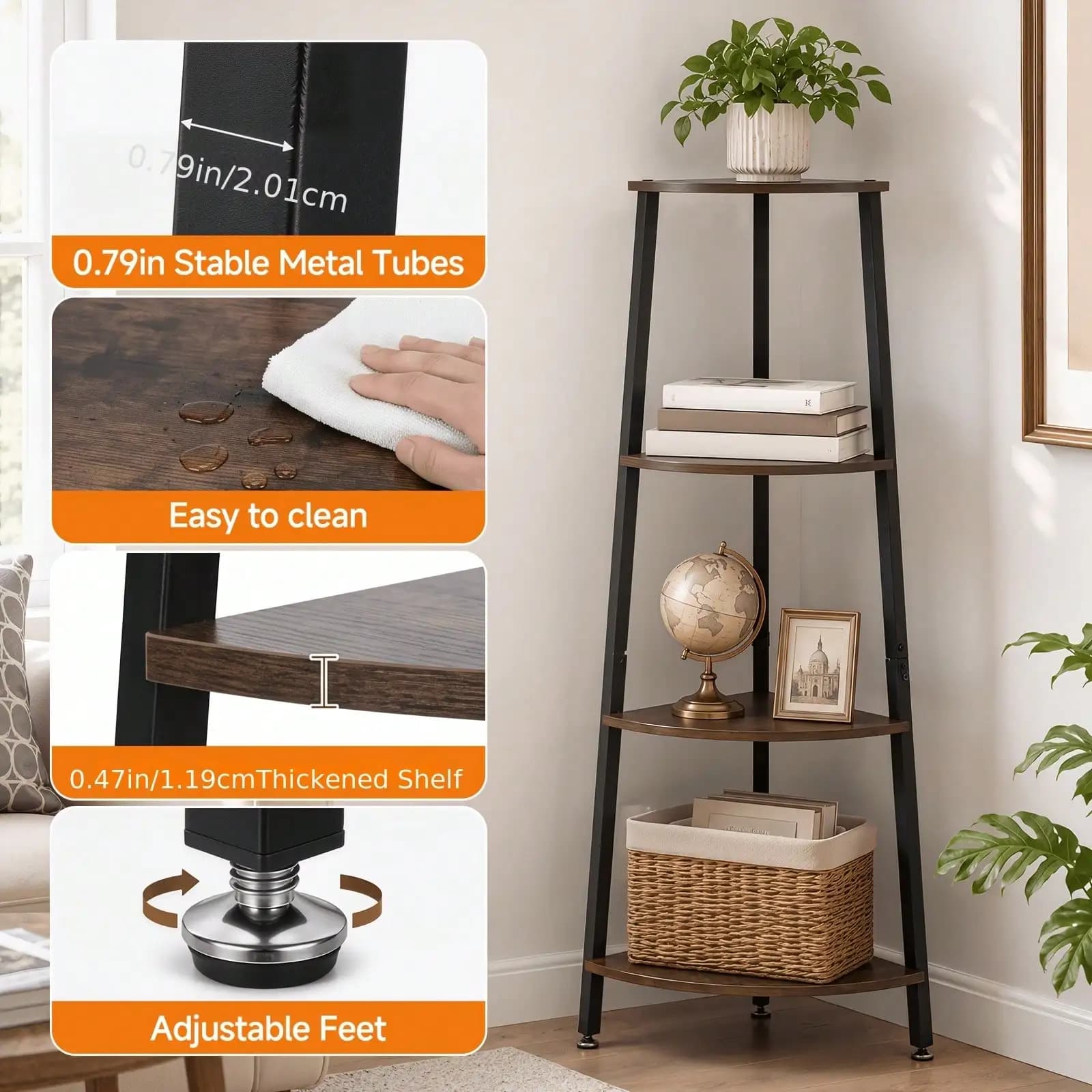 1Pc Vintage Wood Grain 4-Tier Trapezoidal Corner Rack, Stable Triangle Support Legs With Large Storage Capacity