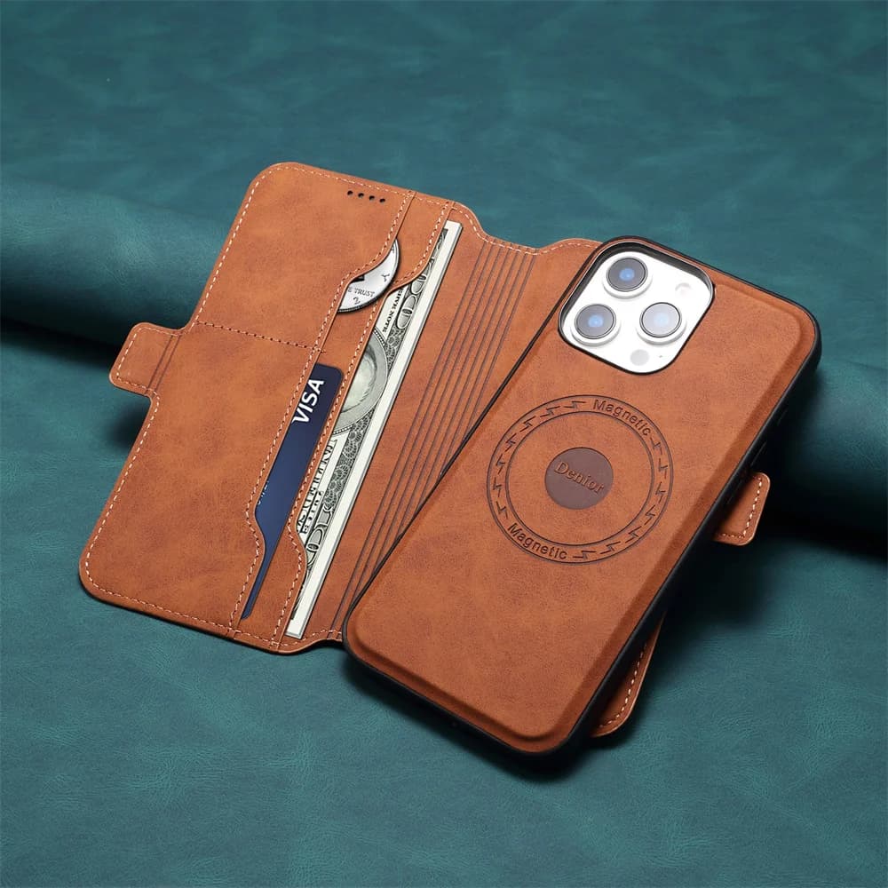 Denior Luxury 2 in 1 Detachable Magnetic Flip Leather Case for iPhone 16 Pro Max 13 14 Pro 15 Plus 16E Retro Leather Wallet Case