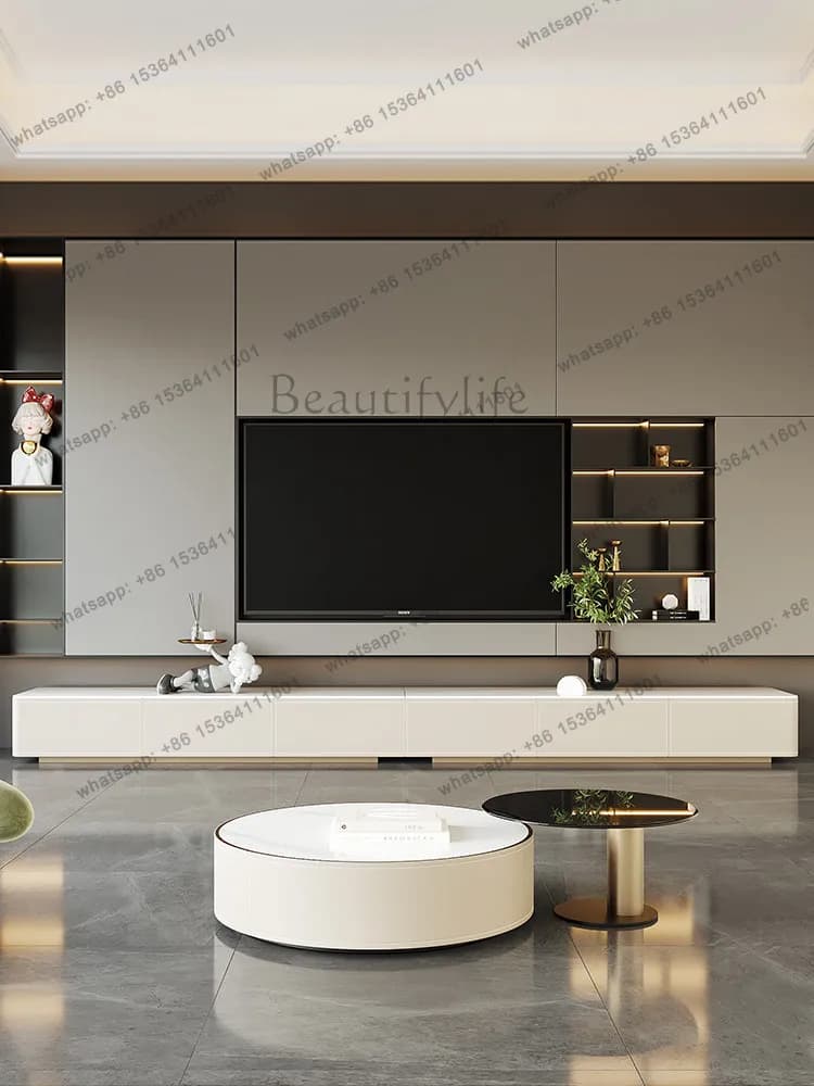 Light luxury super long floor saddle leather TV cabinet living room modern simple floor cabinet combination