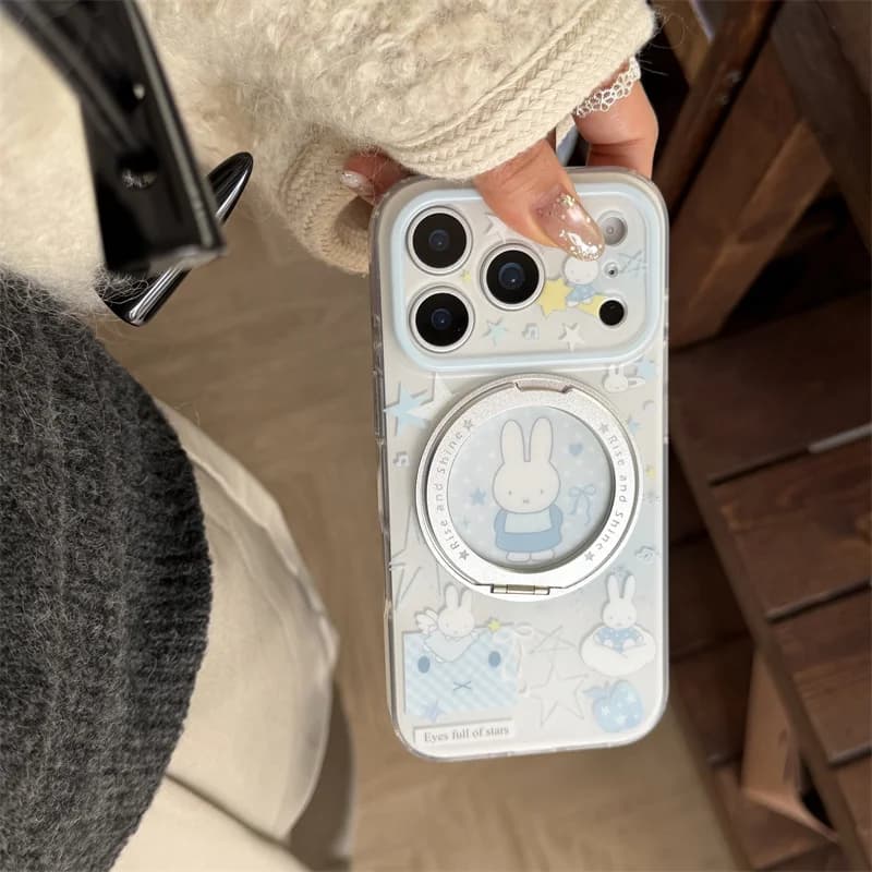 Korean style Anime Blue Star Miffy Envelope Phone Case For iphone 17 16 15 Pro Max 360 Degree Rotating Bracket Shockproof Cover