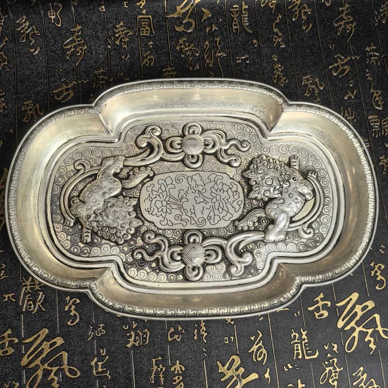 Crafts Antique Bronze Silver-Plated Double Lion Plate Vintage Plate Relief Dish Miscellaneous Crafts Ornament