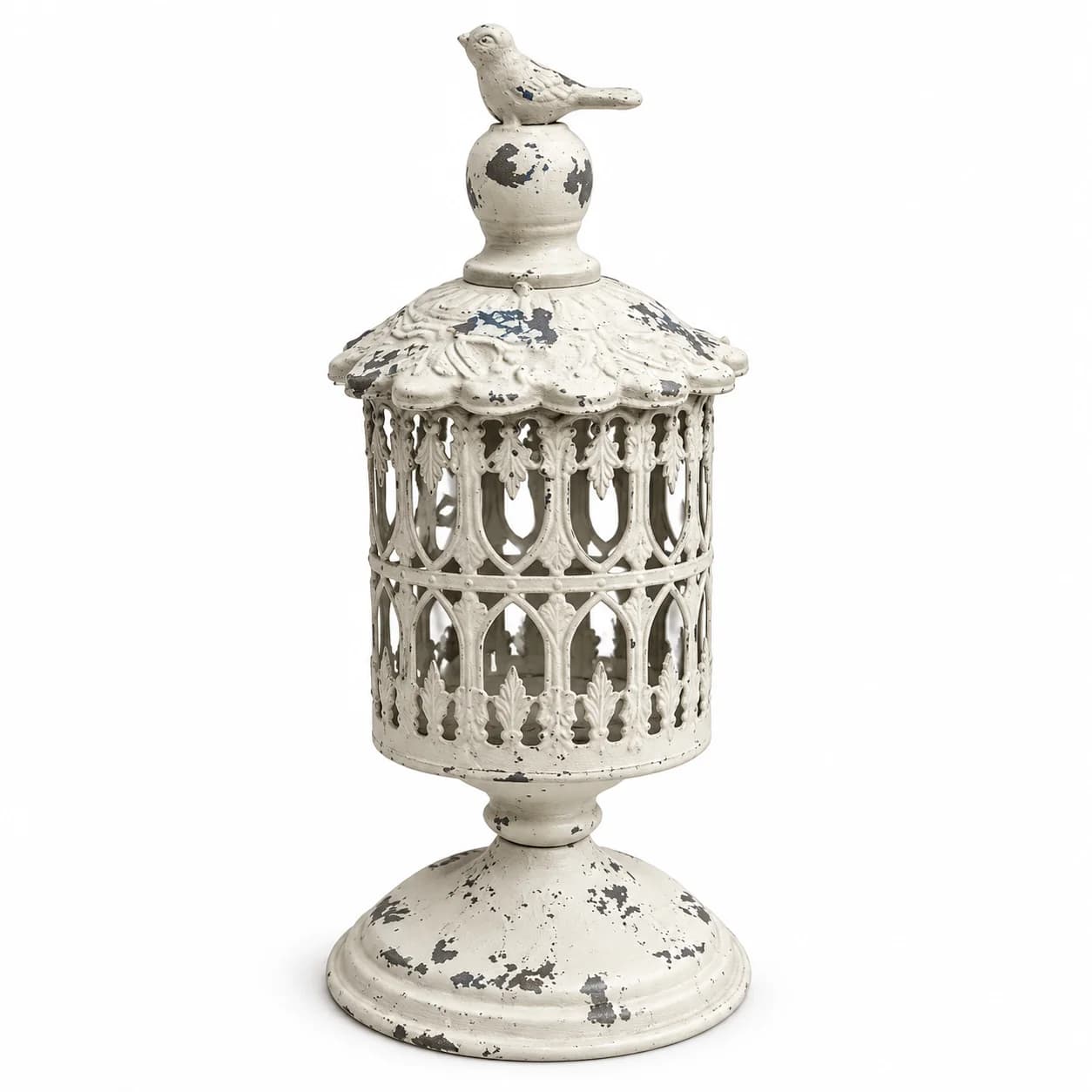 Decorative Metal Candle Holder with Bird Finial, Distressed White Finish, Openwork Design Lantern, 30cm Height, Vintage Style
