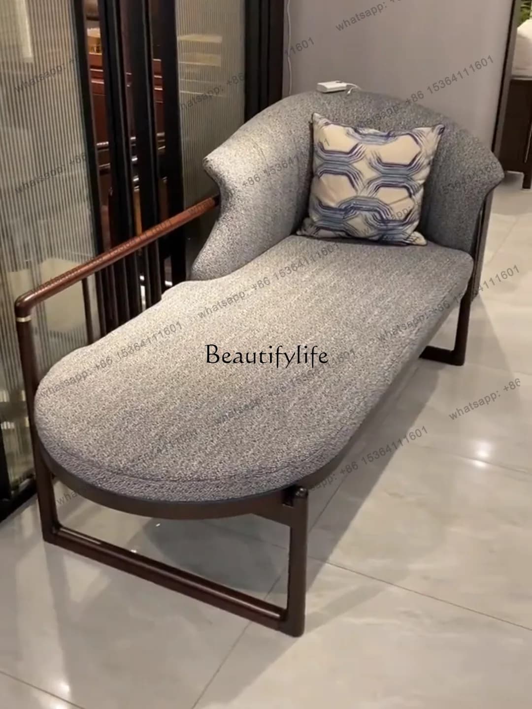 12New Chinese Style Chaise Longue Ugyen Wood Modern Home Recliner Solid Wood High-End Sofa Bed