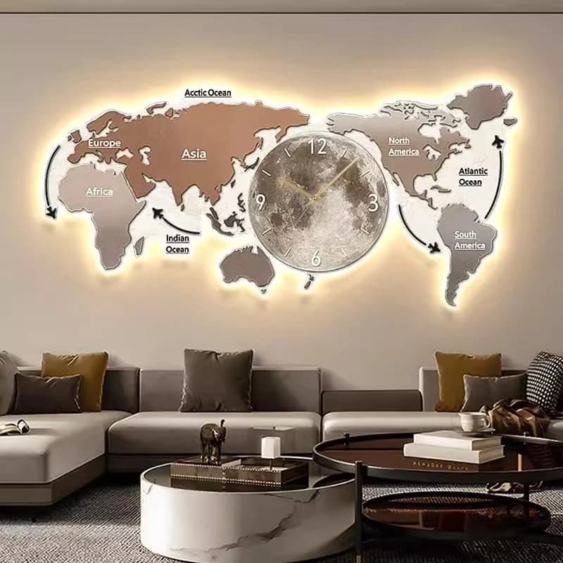 World Map Glowing Wall Clock Living Room Digital Clock Nordic Luxury Design Mural Lamp Villa LED Silent Wall Clock Home Decor