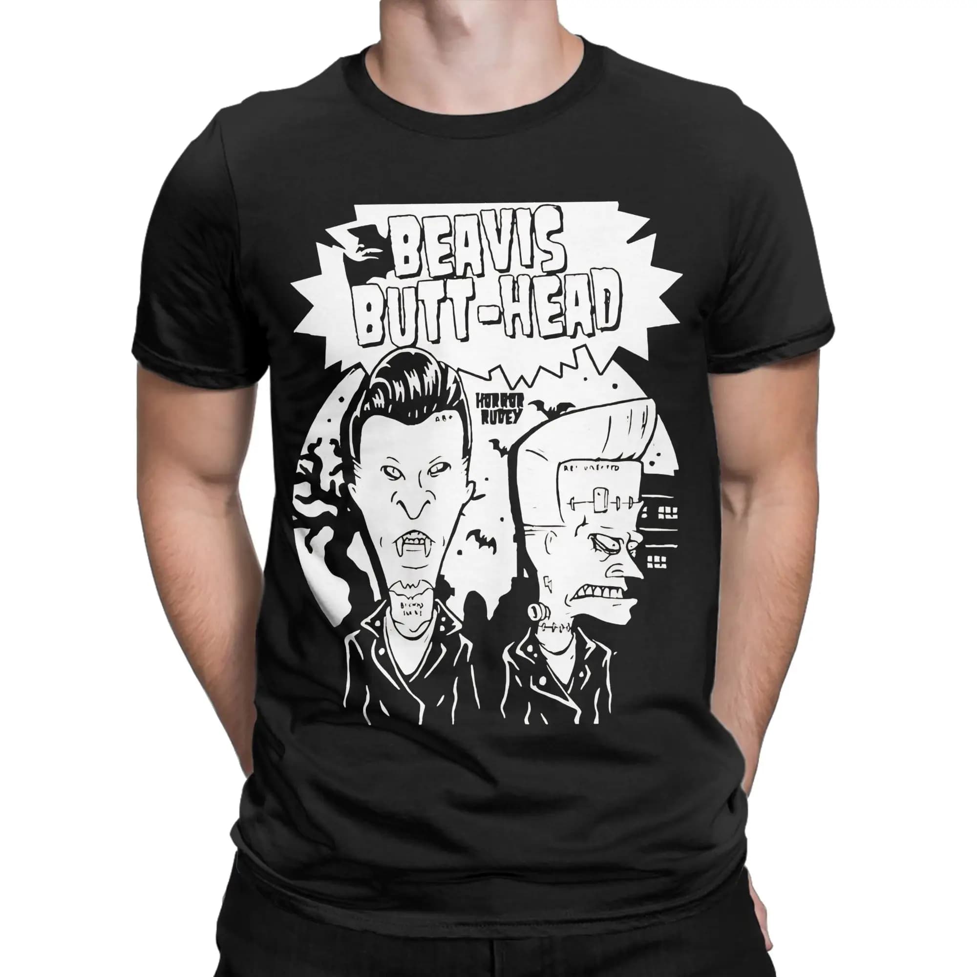 Hip Hop Beavis and Butthead  horror black and white T Shirt Men Cotton Short Sleeve  Round Neck Summer Clothing