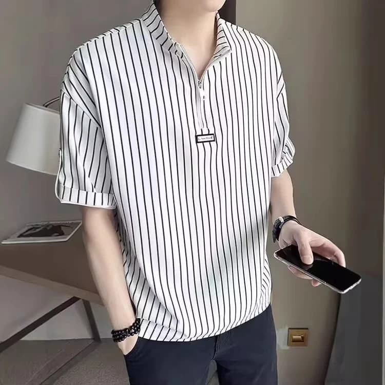 Summer New Fashion 2025 Men's Striped Short Sleeve Stand Collar Half Zipper Casual Trendy T-shirts Male Undershirts Clothes Tops