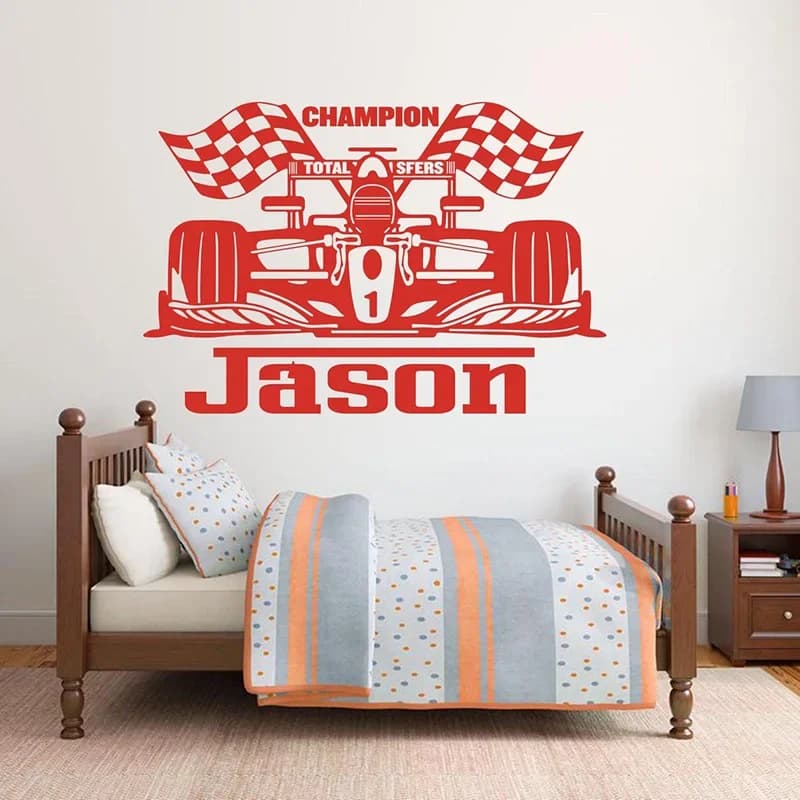 Custom Name Racing Car Vehicle Wall Decal Personalized Name Champion Race Car Vinyl Sticker Boy Room Decoration NR68
