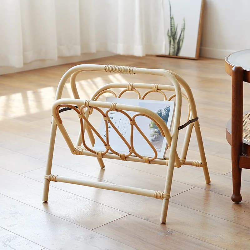 Rattan small bookshelf hand-woven foldable floor newspaper storage magazine rack