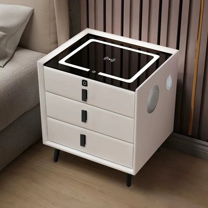 Modern luxury wood smart bedside table with LED wireless charging function gray room bedroom with drawers locker floating