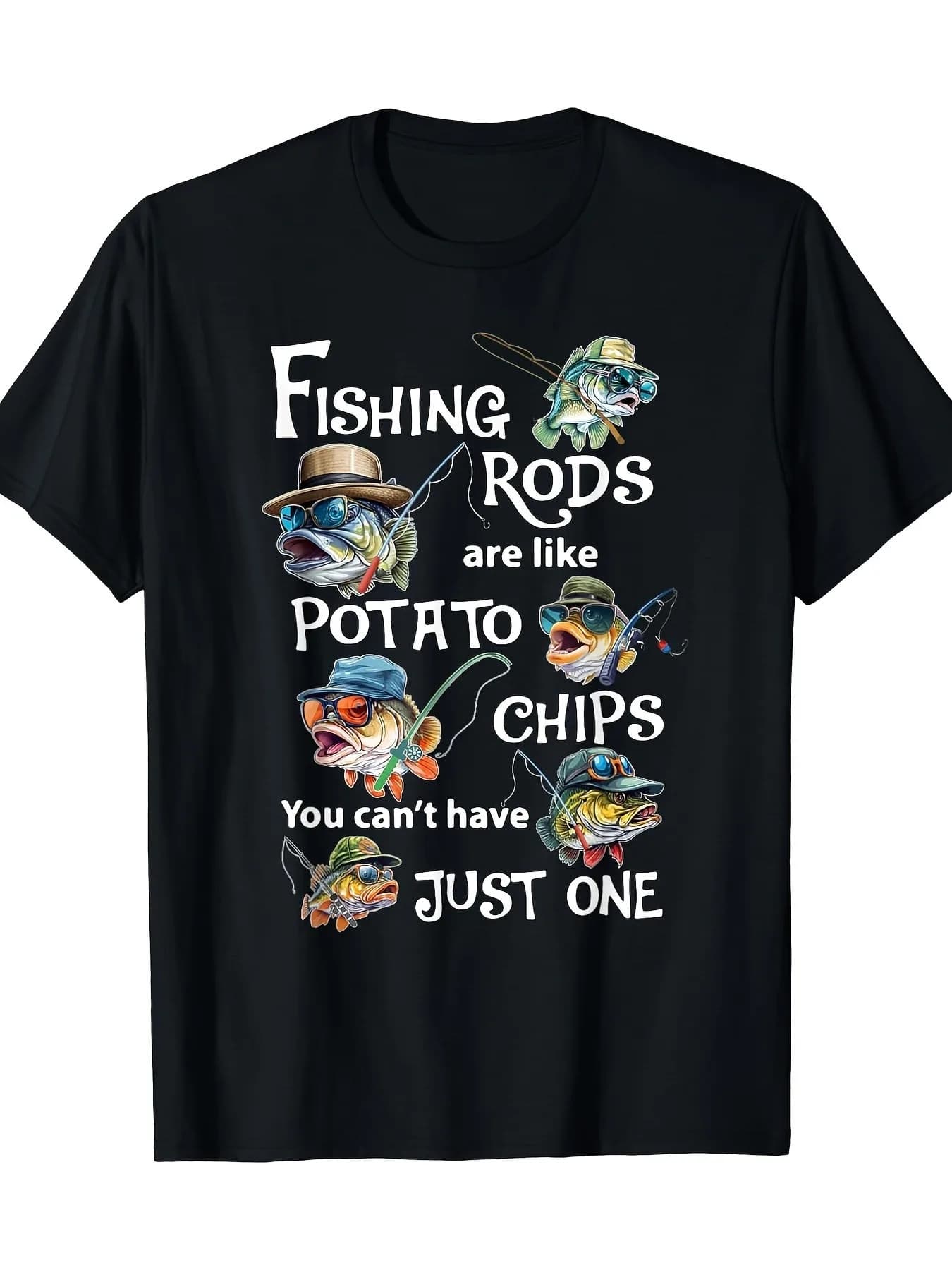 [Fishing Rods Graphic Tee] Trendy Pesca Clothes Graphic T Shirt - Fishing Rods Are Like Potato Chips You Can't Have Just One