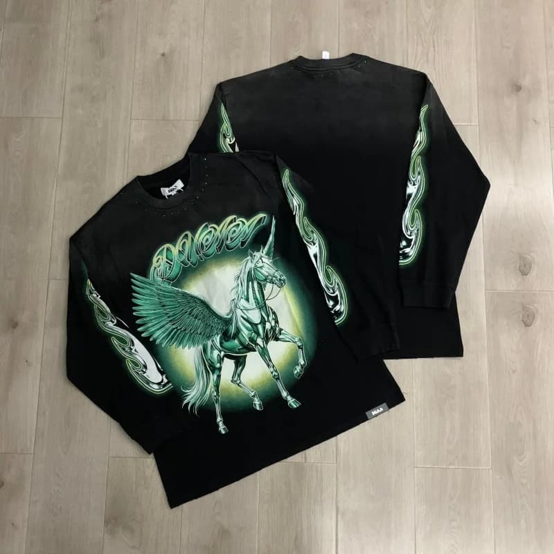 DUAA LONG TEE Black Round Neck Men's Women's Fall Winter Fashion Rhinestone Long-Sleeve T-Shirt
