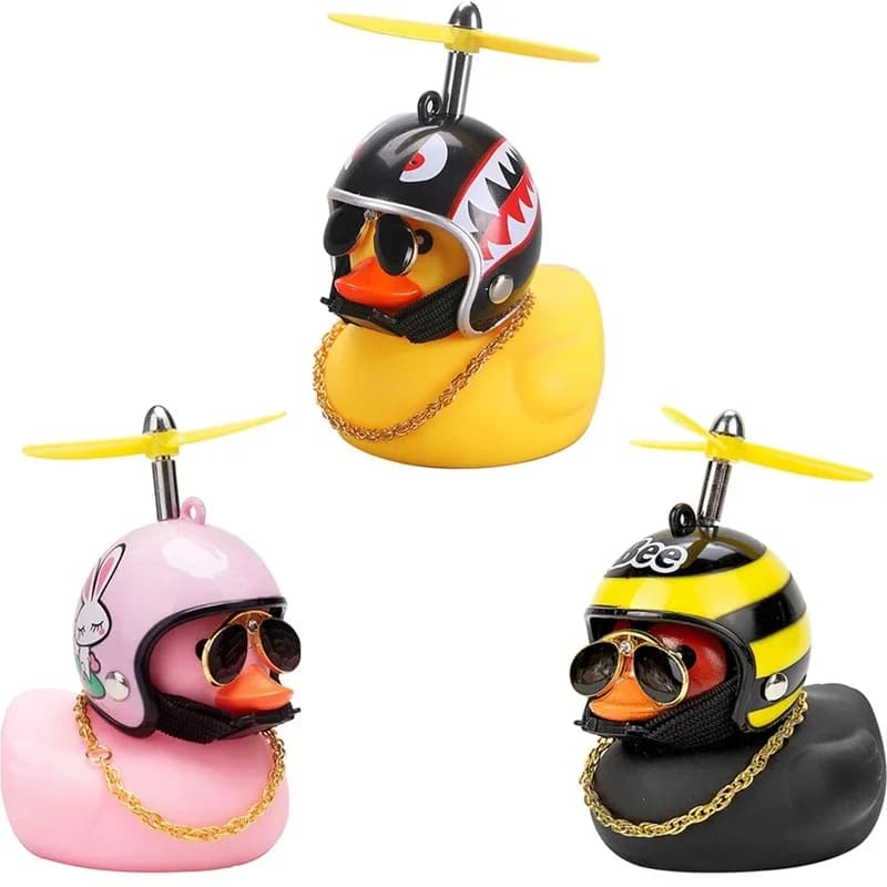 Wind Breaking Duck with Helmet Propeller Rubber Duck Pendant for Car Motorcycle Bicycle Riding Dashboard Decoration